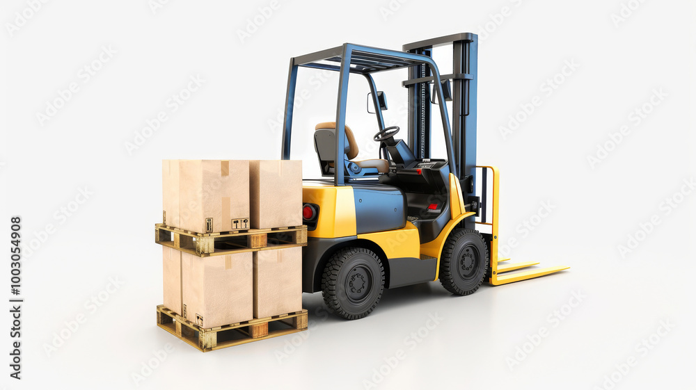 image displays a forklift truck in a static position, the forks of which are fully inserted under a wooden pallet that is loaded with cardboard boxes image displays a forklift truck in a static position, the forks of which are fully inserted under a wooden pallet that is loaded with cardboard boxes