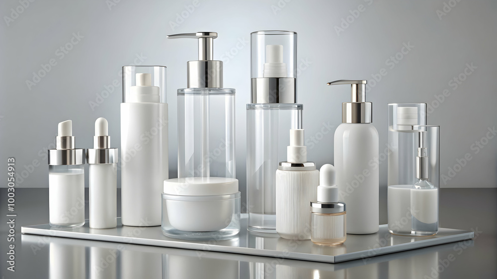 Luxury Skincare Product Display: A sleek and sophisticated arrangement of skincare products in a minimalist setting, showcasing a range of bottles, jars, and pumps with a focus on clean. Luxury Skincare Product Display: A sleek and sophisticated arrangement of skincare products in a minimalist setting, showcasing a range of bottles, jars, and pumps with a focus on clean.
