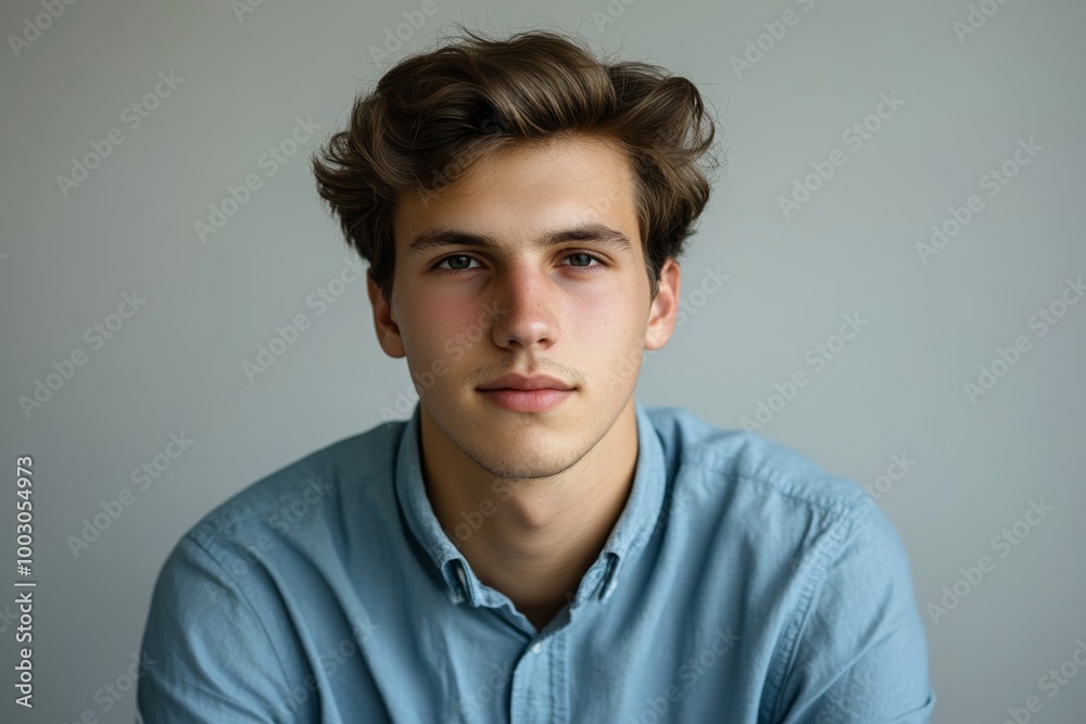 A young man gazes thoughtfully at the camera, showcasing natural light and minimalistic style with a blue button-down shirt and tousled hair A young man gazes thoughtfully at the camera, showcasing natural light and minimalistic style with a blue button-down shirt and tousled hair