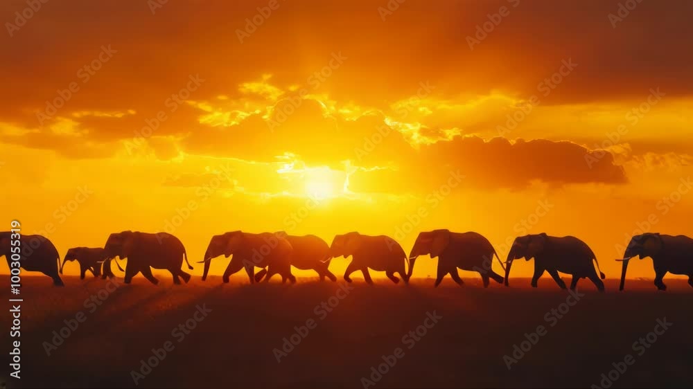 A group of elephants walks across the African savanna at sunset, their silhouettes creating a majestic and powerful scene against the vibrant orange sky.. AI Generation