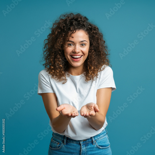Excited Woman Expressing Joy and Surprise with Hands Up, Happy Young Woman Celebrating with Enthusiastic Expression
