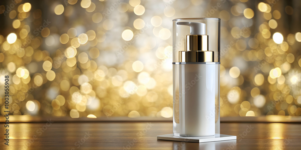 Luxury Skincare on Display: A sleek and modern skincare product, with a white bottle and a gold pump, stands on a wooden surface against a backdrop of shimmering gold bokeh. Luxury Skincare on Display: A sleek and modern skincare product, with a white bottle and a gold pump, stands on a wooden surface against a backdrop of shimmering gold bokeh.