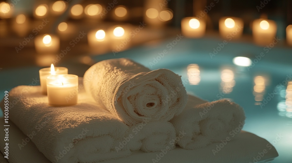 A serene spa setting with rolled towels and candles beside a tranquil pool. A serene spa setting with rolled towels and candles beside a tranquil pool.
