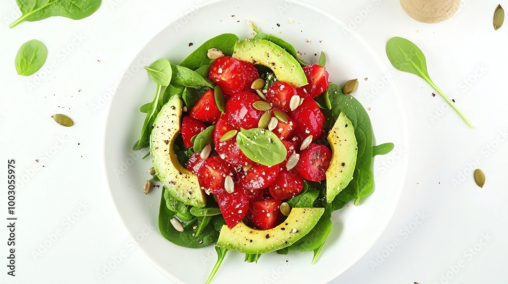 A vibrant salad featuring spinach, avocado, strawberries, and seeds, promoting healthy eating. A vibrant salad featuring spinach, avocado, strawberries, and seeds, promoting healthy eating.