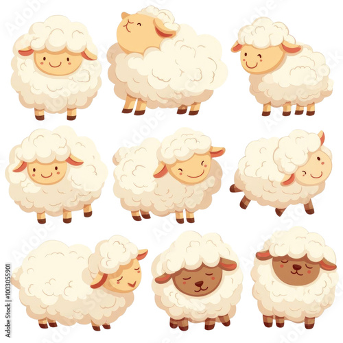 Cute cartoon sheep illustration set with different expressions and poses, perfect for children's books, digital art, and playful designs. photo