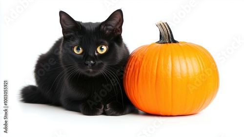 Black cat with pumpkin on a white background