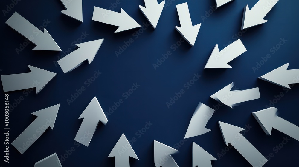 Circular composition of multiple white arrows pointing inward, converging at the center, conveying reversal, cancellation, or undoing, on a dark blue background. Circular composition of multiple white arrows pointing inward, converging at the center, conveying reversal, cancellation, or undoing, on a dark blue background.