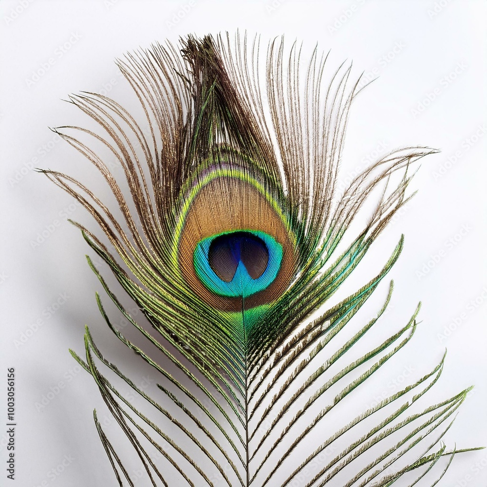 Obraz premium a rhythmic peacock feather on white background