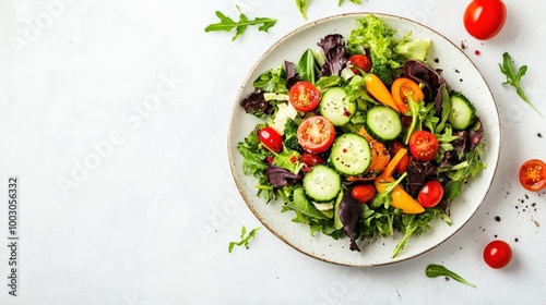 A vibrant salad featuring fresh greens, cherry tomatoes, cucumbers, and colorful peppers.