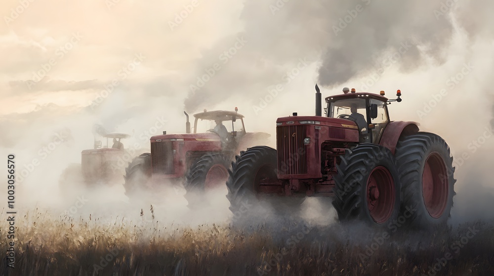 Fototapeta premium Red tractors drive through a field in the morning mist.