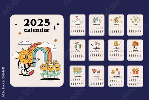 Cartoon cool calendar in 70s style for each month. Cute retro characters flowers, sun, stars. Hippie style, retro cartoon wind-up calendar 2025 in vintage retro style