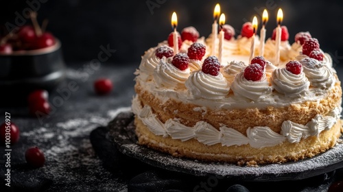 Black background with candlelit Napoleon cake