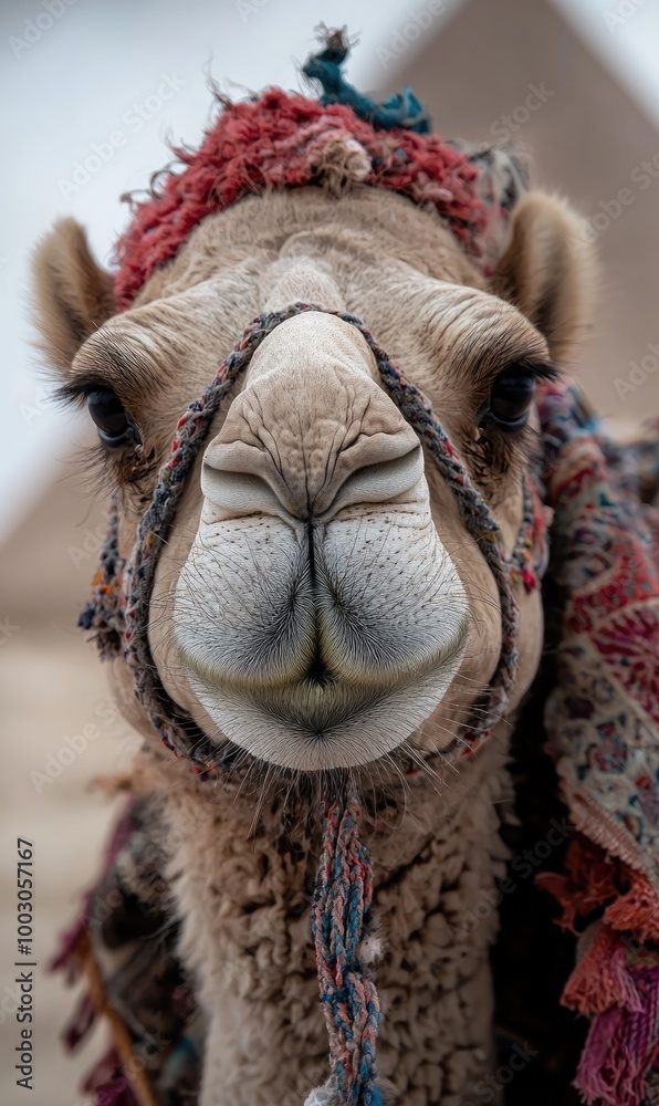 Obraz premium Desert wanderer: camel, resilient traveler of arid landscapes, ability to endure extreme conditions while carrying loads across vast stretches of sand, embodying survival and adaptation