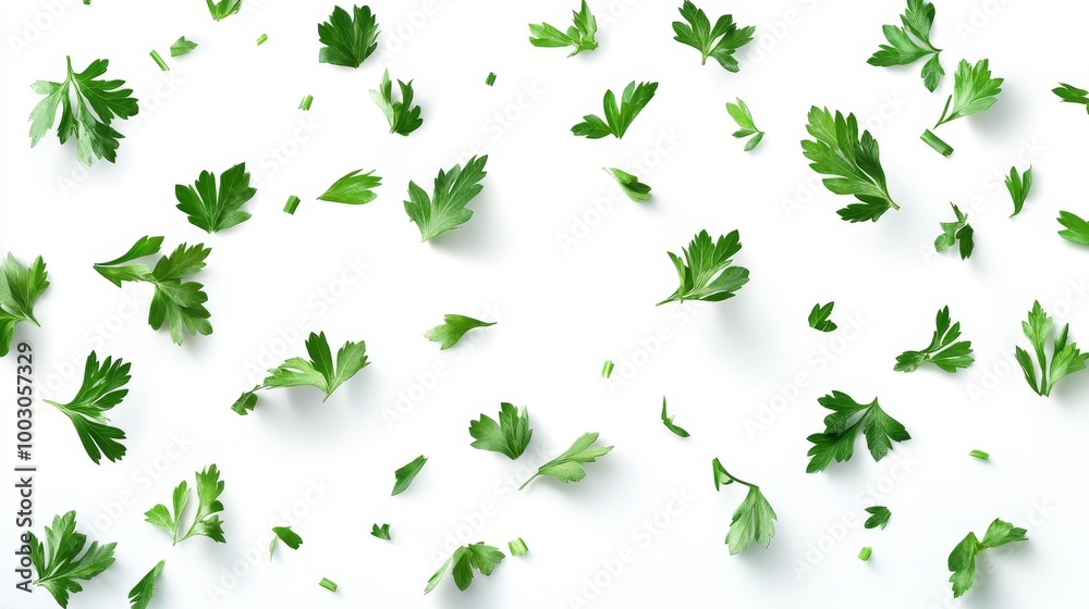 Fototapeta premium Parsley Leaves Scattered on White Generative AI