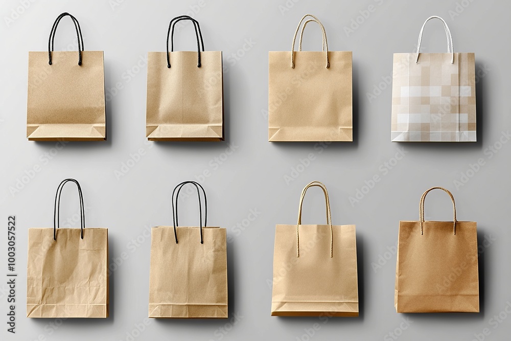 A collection of paper shopping bags, each isolated on a transparent background in PNG format. Designed as mockup templates for creative use, emphasizing shopping, sale, and delivery concepts A collection of paper shopping bags, each isolated on a transparent background in PNG format. Designed as mockup templates for creative use, emphasizing shopping, sale, and delivery concepts