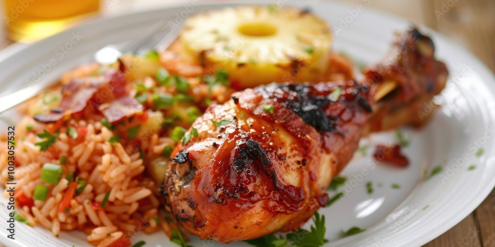 Oven-roasted chicken drumsticks served with red rice, a slice of pineapple, and bacon on a white plate atop a wooden table, showcasing a close-up of the portion size. Oven-roasted chicken drumsticks served with red rice, a slice of pineapple, and bacon on a white plate atop a wooden table, showcasing a close-up of the portion size.