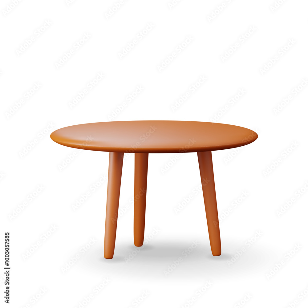3d wooden table stand with legs isolated on white. Render empty table with round brown countertop. Circle desk for office, kitchen or home. Minimalistic furniture style. vector illustration 3d wooden table stand with legs isolated on white. Render empty table with round brown countertop. Circle desk for office, kitchen or home. Minimalistic furniture style. vector illustration