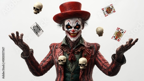 Creepy clown wearing a red hat, juggling skulls and playing cards. Haunted circus, Halloween costume, spooky atmosphere. photo