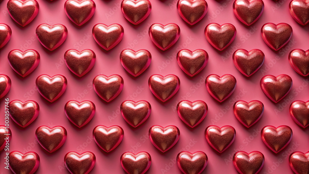 A vibrant display of red heart-shaped chocolates is neatly organized on a soft pink background, creating a festive atmosphere ideal for celebrations, gifts, or special occasions A vibrant display of red heart-shaped chocolates is neatly organized on a soft pink background, creating a festive atmosphere ideal for celebrations, gifts, or special occasions