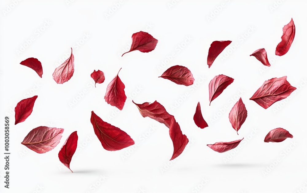 Red Leaves Floating on White Background Generative AI Red Leaves Floating on White Background Generative AI