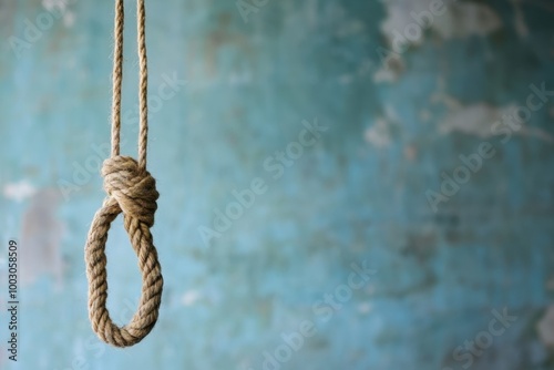 A close up view of a noose made from natural rope hanging against a textured blue wall in dim light