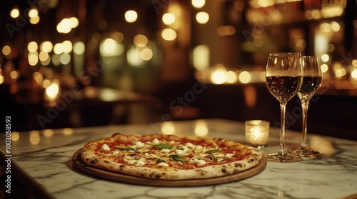 A delicious pizza on a marble table with wine glasses and soft lighting in a cozy setting.