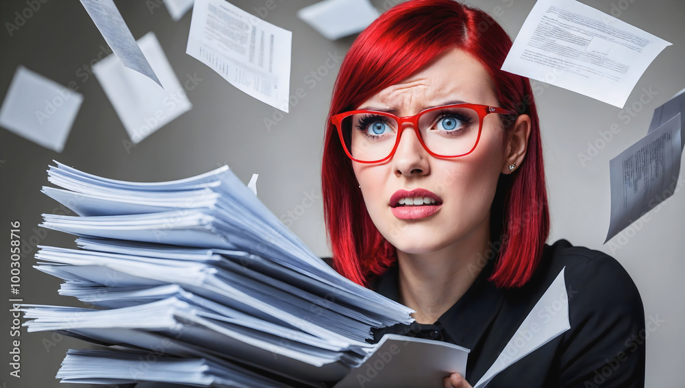 Portrait of pretty frustrated red hair woman behind pile of paperwork, busy secretary, business woman concept, exhausting work
