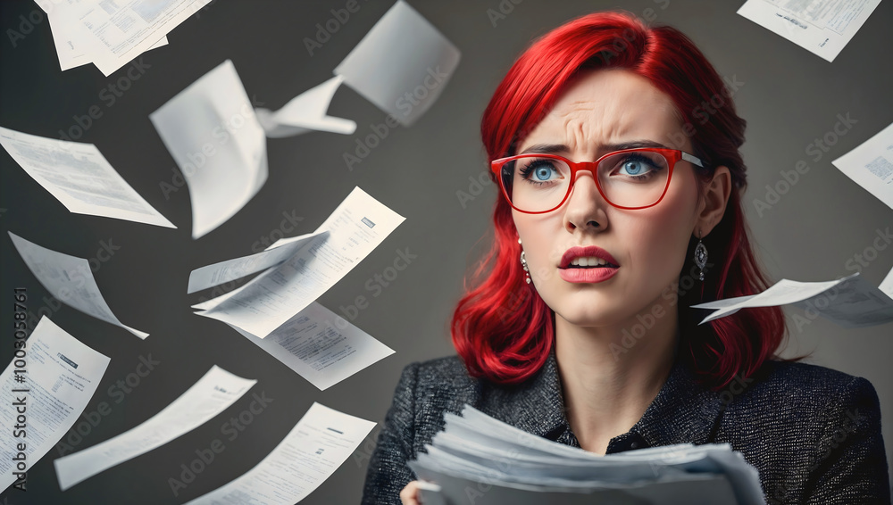 Portrait of pretty frustrated red hair woman behind pile of paperwork, busy secretary, business woman concept, exhausting work