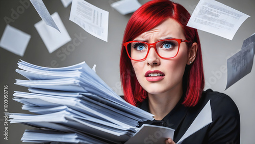 Obraz na płótnie Portrait of pretty frustrated red hair woman behind pile of paperwork, busy secretary, business woman concept, exhausting work w salonie