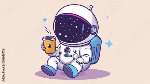 Cute astronaut in a spacesuit sitting and drinking coffee with a galaxy in the background.