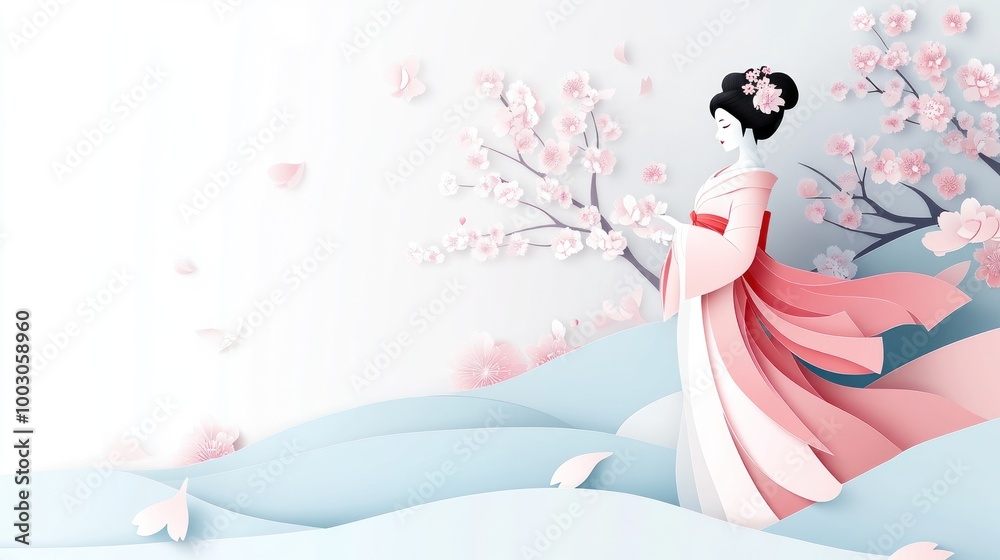 A serene illustration of a woman in traditional attire amidst cherry blossoms and gentle hills. A serene illustration of a woman in traditional attire amidst cherry blossoms and gentle hills.