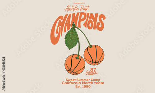 Cherry fruit print. Nature fruit  print design. Basketball college league. Vintage artwork for sportswear. Cherry fruit. Sport logo. Sunday basketball club vector t-shirt design. Love you cherry much.