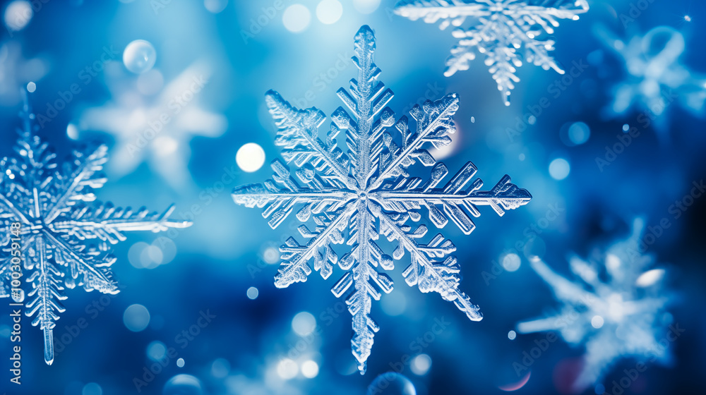 Snowflakes on ice, deep blue background Snowflakes on ice, deep blue background