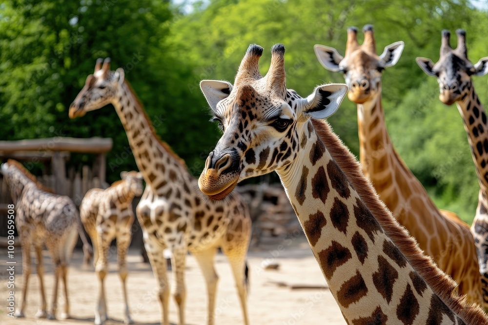 A delightful gathering of giraffes under the sunny sky, showcasing the natural beauty and grace of these magnificent creatures in a zoo environment, with lush greenery. A delightful gathering of giraffes under the sunny sky, showcasing the natural beauty and grace of these magnificent creatures in a zoo environment, with lush greenery.