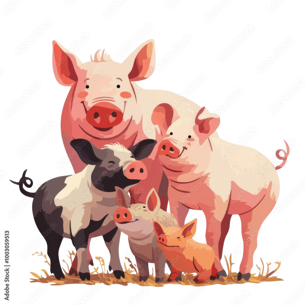 Obraz premium Happy pig family illustration with cute piglets. Adorable livestock art suitable for children's books and educational materials.