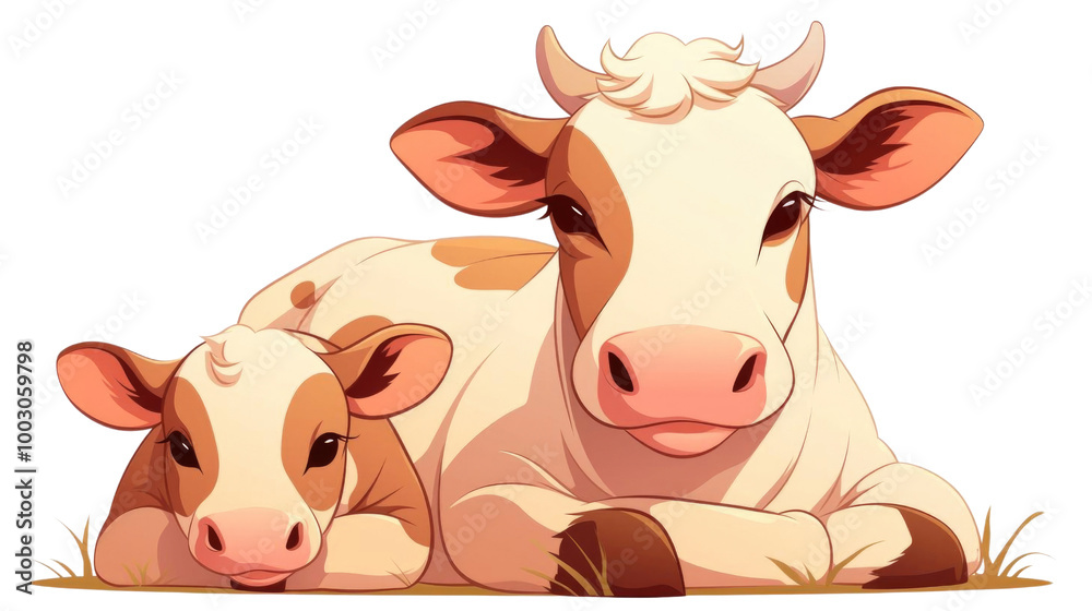 Illustration of a cow and calf lying on grass. Perfect for agricultural, animal husbandry, and pastoral scene concepts. Illustration of a cow and calf lying on grass. Perfect for agricultural, animal husbandry, and pastoral scene concepts.