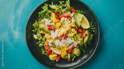 Coconut and avocado salad with lime dressing, served on a dark slate plate, with a bright pastel blue background photo