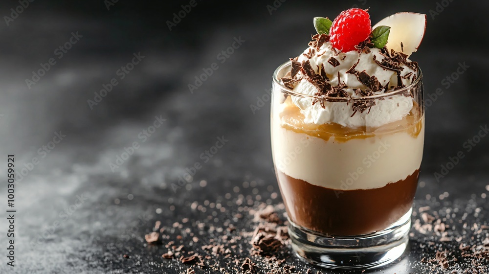 Coconut and chocolate mousse in a glass, with a dark charcoal background and vibrant spotlight contrast Coconut and chocolate mousse in a glass, with a dark charcoal background and vibrant spotlight contrast