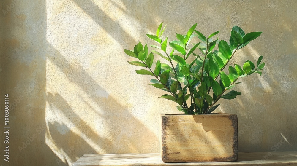 A green plant in a wooden pot casts shadows on a textured wall, creating a serene atmosphere.