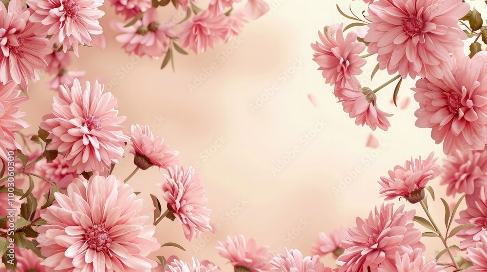 Aster flowers on each side with soft color background, large empty copy space, abstract natural flower frame layout, romantic feminine composition, wedding invitation concept. Aster flowers on each side with soft color background, large empty copy space, abstract natural flower frame layout, romantic feminine composition, wedding invitation concept.