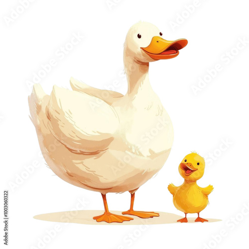 Illustration of a white duck and a yellow duckling standing together on a white background, depicting a charming family moment.