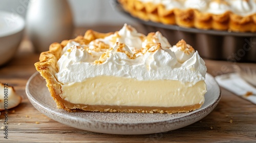 Coconut cream pie with a golden crust, on a rustic wooden table, contrasting with a sleek modern white background