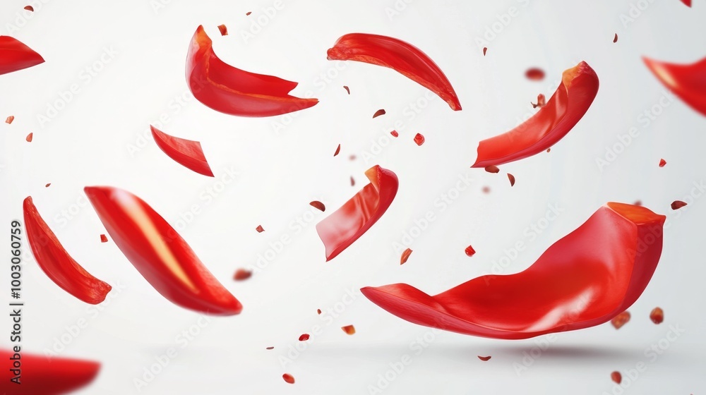 Red Pepper Slices Falling in Air on White Generative AI Red Pepper Slices Falling in Air on White Generative AI