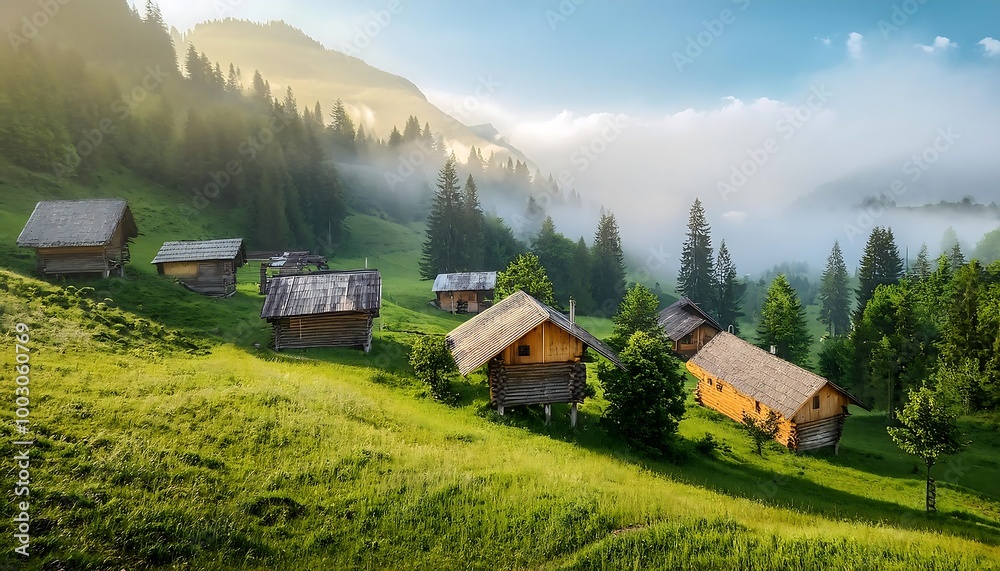 A tranquil mountain village enveloped in fog, featuring rustic wooden cabins nestled among lush greenery and towering trees at dawn. Generative AI A tranquil mountain village enveloped in fog, featuring rustic wooden cabins nestled among lush greenery and towering trees at dawn. Generative AI