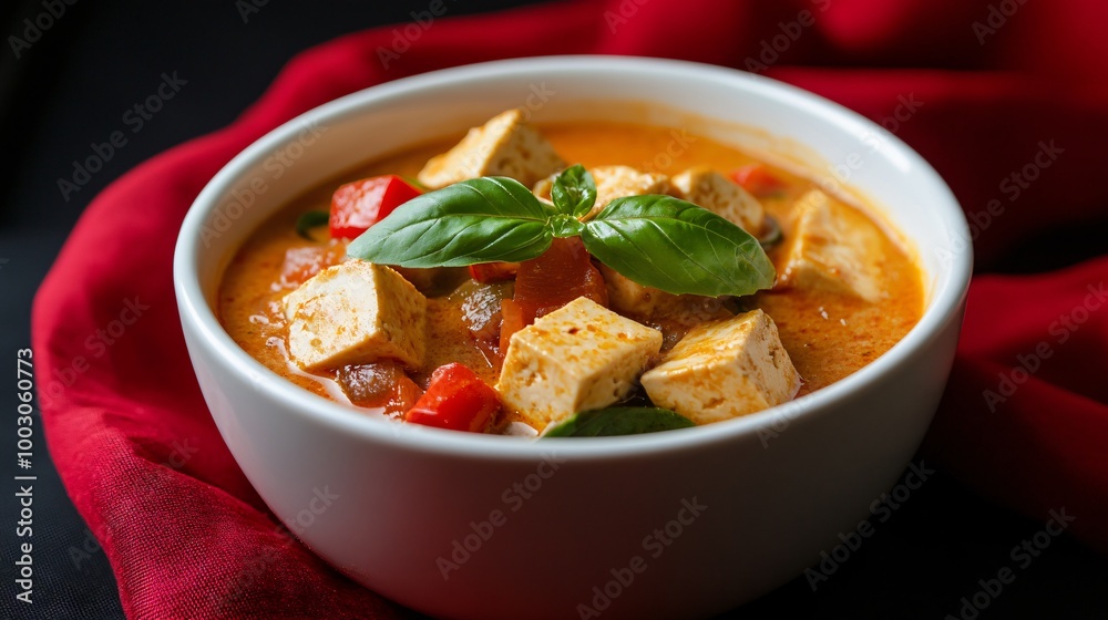 Coconut curry with tofu, in a white ceramic bowl, set on a matte black surface with a bold red backdrop Coconut curry with tofu, in a white ceramic bowl, set on a matte black surface with a bold red backdrop