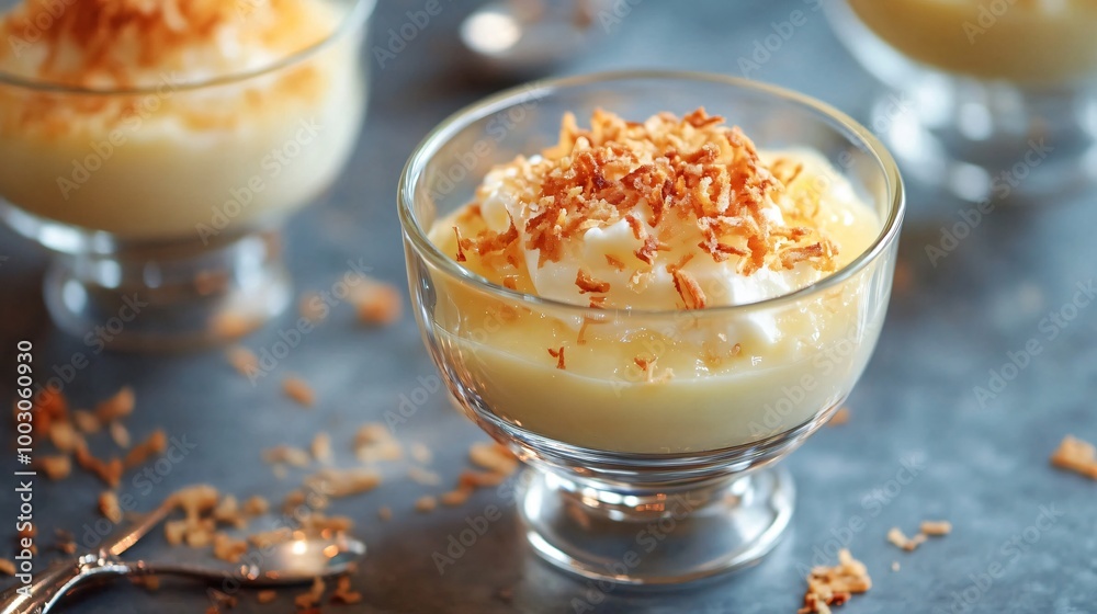 Coconut custard served in glass cups, on a modern steel surface with a warm amber backdrop Coconut custard served in glass cups, on a modern steel surface with a warm amber backdrop
