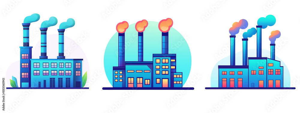 Fototapeta premium Colorful illustration of modern factories with smokestacks, showcasing industrial architecture and urban development, transparent background.