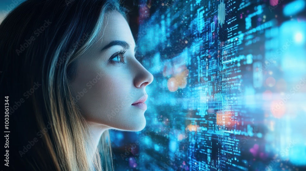 Female tech expert analyzes benefits and challenges of edge computing data on a digital interface with focus Female tech expert analyzes benefits and challenges of edge computing data on a digital interface with focus