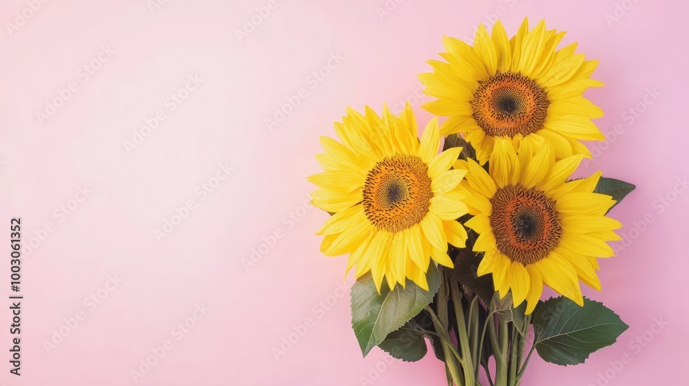Naklejka premium A vibrant bouquet of sunflowers against a soft pink background.
