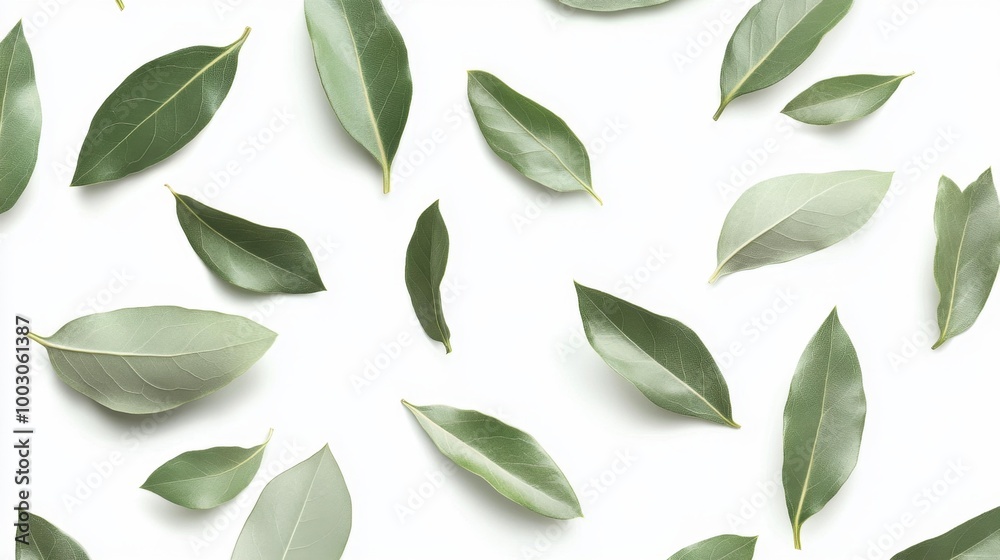 Naklejka premium Green Bay Leaves Floating on White Background Generative AI